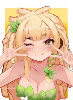 1girl absurdres animal_ears bananajuju bare_shoulders blonde_hair breasts closed_mouth collarbone double_v fang freckles hair_ornament highres indie_virtual_youtuber leaf_bra leaf_hair_ornament long_hair monkey_ears monkey_girl pawi-pawi plant skin_fang smile solo twitter_username upper_body v vines virtual_youtuber