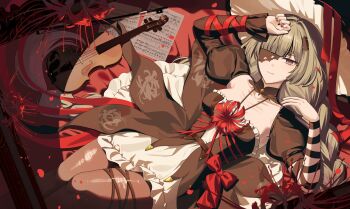 1girl absurdres aete alternate_costume arms_up black_dress black_pantyhose braid breasts closed_mouth commentary dress flower grey_eyes grey_hair halter_dress halterneck highres instrument looking_at_viewer low_twin_braids lying medium_breasts on_back one_eye_covered pantyhose phrolova_(wuthering_waves) revision skirt solo spider_lily symbol-only_commentary twin_braids violin white_skirt wuthering_waves