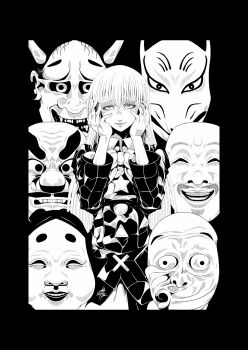 Rule 34 | 1girl, commentary request, fox mask, hands on own face, hannya, hata no kokoro, highres, hyottoko mask, jacket, long hair, mask, monochrome, noh mask, parted lips, smile, tengu mask, touhou, yamada satoshi