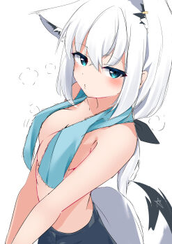 1girl absurdres ahoge animal_ear_fluff animal_ears blush braid commentary earrings extra_ears fox_ears fox_girl fox_tail green_eyes hair_between_eyes highres hololive jewelry long_hair looking_at_viewer shirakami_fubuki shirayuki_(snow_link) sidelocks simple_background single_braid solo steam tail topless_female towel towel_on_head virtual_youtuber white_background white_hair
