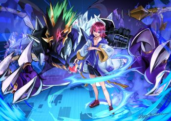 Rule 34 | 1girl, black shorts, camisole, card, digimon, digimon (creature), digimon card game, digimon liberator, dragon, full body, green hair, heavymetaldramon, highres, hisuikouha, holding, holding card, jacket, pink hair, purple camisole, purple eyes, red eyes, short hair, shorts, standing, trading card, white jacket, yuuki (digimon)