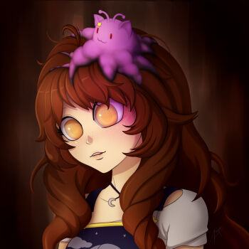 1girl blob bow brown_hair centi_(nimu) choker dress empty_eyes gradient_clothes gradient_dress hair_bow hair_ornament highres indie_virtual_youtuber long_hair nimu_(vtuber) nimu_(vtuber)_(3rd_costume) off-shoulder_shirt off_shoulder possessed shirt smile solo star_(symbol) star_hair_ornament virtual_youtuber zeta_art