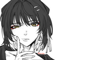 1girl absurdres bow earrings eyeliner female_rover_(wuthering_waves) greyscale hair_bow hair_ornament hairclip hand_up highres jewelry looking_at_viewer makeup monochrome parted_lips red_eyeliner rezilism rover_(wuthering_waves) simple_background solo spot_color triangle_earrings white_background wuthering_waves yellow_eyes