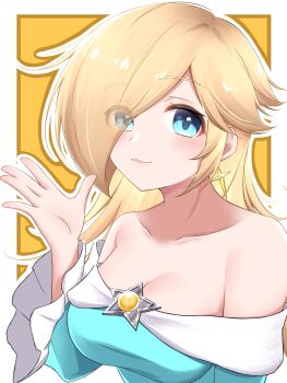 Rule 34 | bare shoulders, blonde hair, blue dress, blue eyes, blush, breasts, brooch, cleavage, closed mouth, collarbone, dress, earrings, eyes visible through hair, hair over one eye, highres, jewelry, long hair, long sleeves, mario (series), nintendo, off-shoulder dress, off shoulder, rosalina, smile, star (symbol), star brooch, star earrings, tomatomiya, upper body