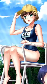 Rule 34 | 1girl, :d, barefoot, baseball cap, blue one-piece swimsuit, blue sky, blush, breasts, brown hair, chair, character name, cloud, collarbone, day, doukyuusei (series), doukyuusei another world, game cg, green eyes, hair between eyes, hat, kakyuusei (series), kakyuusei 2, lifeguard, lifeguard chair, looking at viewer, name tag, official art, one-piece swimsuit, open mouth, outdoors, sawamura kazuki, school swimsuit, shiny skin, short hair, sitting, sky, small breasts, smile, solo, solo focus, swimsuit, whistle, yellow hat