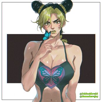 1girl blue_butterfly braid braided_ponytail breasts bug butterfly butterfly_on_hand commentary double_bun english_commentary green_eyes green_lips hair_bun highres insect jojo_no_kimyou_na_bouken kuujou_jolyne long_hair multicolored_hair navel schizoidovski solo stone_ocean twitter_username two-tone_hair