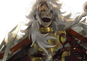 Rule 34 | 1boy, backlighting, blood, blood on clothes, blood on face, bloom, braid, closed eyes, facial mark, facing viewer, fate/grand order, fate (series), hanui f, jewelry, long hair, male focus, neck ring, open mouth, sharp teeth, side braid, solo, solomon (fate), teeth, upper body, white hair