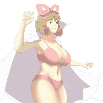 1girl bikini breasts brown_hair cleavage green_eyes hair_ribbon haruka_(senran_kagura) kathie_vr lab_coat large_breasts medium_hair ribbon senran_kagura swimsuit