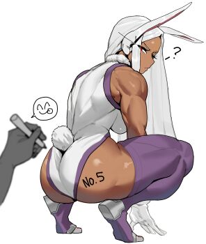 1girl :p ? absurdres animal_ears ass back_muscles badasengsu body_writing boku_no_hero_academia breasts clothing_cutout commentary_request dark-skinned_female dark_skin disembodied_hand gloves heattech_leotard highres korean_commentary large_breasts leotard long_eyelashes long_hair marker mirko muscular muscular_female purple_thighhighs rabbit_ears rabbit_girl rabbit_tail red_eyes sleeveless sleeveless_turtleneck squatting tail tail_through_clothes taut_leotard thick_thighs thighhighs thighs tongue tongue_out turtleneck white_hair white_leotard writing_on_ass