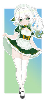 1girl absurdres alternate_costume apron black_shoes border cross-shaped_pupils darky_diona dress enmaided frilled_apron frilled_hairband frills full_body genshin_impact gradient_hair green_dress green_eyes green_hair hair_between_eyes hair_ornament hairband highres leaf_hair_ornament loli long_hair looking_at_viewer maid maid_headdress multicolored_hair nahida_(genshin_impact) pointy_ears shoes side_ponytail solo standing symbol-shaped_pupils thighhighs white_apron white_border white_hair white_hairband white_thighhighs