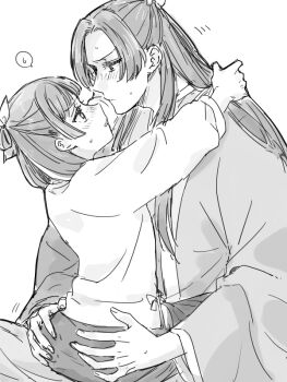 1boy 1girl arm_around_neck blunt_bangs blush ck_ksry_jm couple freckles furrowed_brow greyscale hair_ribbon half_updo hands_on_another's_hips hetero jinshi_(kusuriya_no_hitorigoto) kusuriya_no_hitorigoto looking_at_another maomao_(kusuriya_no_hitorigoto) monochrome parted_bangs parted_lips ribbon sitting sitting_on_lap sitting_on_person spoken_sweatdrop sweatdrop upper_body white_background