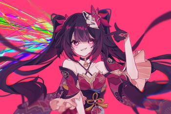1girl bare_shoulders bell breasts cleavage commentary detached_sleeves finger_gun floral_print fox_mask hashtag-only_commentary highres honkai:_star_rail honkai_(series) japanese_clothes long_hair mask red_background red_eyes ruberri_00 smile sparkle_(honkai:_star_rail) symbol-only_commentary twintails very_long_hair
