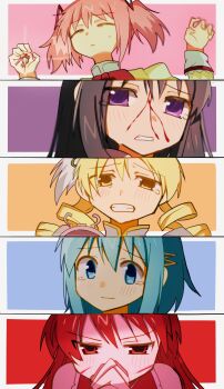 Rule 34 | 5girls, aiming, aiming at viewer, akemi homura, black hair, blonde hair, blood, blood on face, blue background, blue eyes, blue hair, blush, bow, bowtie, clenched teeth, closed eyes, closed mouth, drill hair, feather hair ornament, feathers, grief seed, hair ornament, hairclip, highres, kaname madoka, long hair, long sleeves, looking at viewer, mahou shoujo madoka magica, miki sayaka, mitakihara school uniform, multiple girls, own hands together, parted lips, pink background, pink hair, portrait, praying, purple background, purple eyes, rate11717991, red background, red bow, red bowtie, red eyes, red hair, sakura kyoko, sakura kyoko (magical girl), scar, scar on face, school uniform, short hair, sparkle, sweater, tearing up, teeth, tomoe mami, tomoe mami (magical girl), twin drills, twintails, yellow background, yellow eyes, yellow sweater