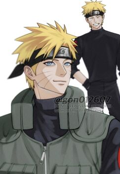 Rule 34 | 1boy, black headband, black shirt, blonde hair, blue eyes, closed eyes, facial mark, gon012607, green vest, grin, hand on own hip, headband, highres, light smile, male focus, multiple views, naruto (series), naruto shippuuden, shirt, short hair, smile, solo, spiked hair, twitter username, upper body, uzumaki naruto, vest, whisker markings, white background