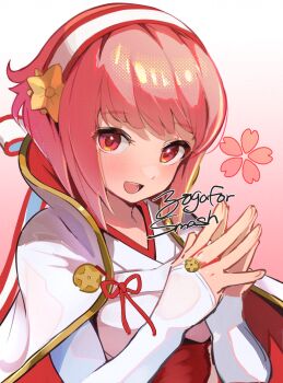 1girl capelet elbow_gloves fingerless_gloves fire_emblem fire_emblem_fates gloves gradient_background hairband highres hirotaka_(hrtk990203) japanese_clothes looking_at_viewer nintendo open_mouth own_hands_together pink_background pink_eyes pink_hair sakura_(fire_emblem) smile solo upper_body white_background white_capelet white_hairband