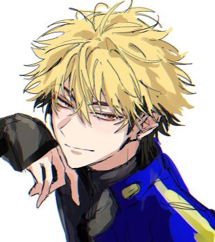 Rule 34 | 1boy, black hair, black shirt, blonde hair, blue jacket, closed mouth, commentary request, earrings, hair between eyes, half-closed eyes, hand on own chin, hand up, highres, jacket, jewelry, long sleeves, looking at viewer, male focus, messy hair, multicolored hair, orange eyes, portrait, shiguang dailiren, shirt, short hair, simple background, sketch, sleeves past wrists, smile, solo, turtleneck, two-tone hair, tyoookozuki, upper body, white background, xia fei