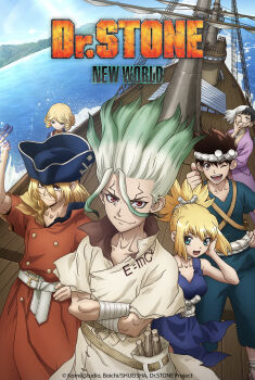 1girl 1other 4boys absurdres asagiri_gen belt black_hair blonde_hair blue_eyes boat brown_eyes brown_hair chrome_(dr._stone) coat collarbone copyright_name copyright_notice crossed_arms day dr._stone dress e=mc2_(equation) francois_(dr._stone) green_hair hat headband highres ishigami_senkuu kohaku_(dr._stone) long_hair looking_at_viewer multicolored_hair multiple_boys multiple_girls nanami_ryuusui ocean official_art one_eye_closed open_mouth outdoors pirate pirate_hat ponytail promotional_art red_eyes ship short_hair sky smile spiked_hair split-color_hair thumbs_up tricorne two-tone_hair water watercraft white_hair