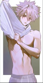 1boy border commentary_request cross_scar dao8_33 dressing grey_background grey_hair grey_pants hair_between_eyes kanzaki_kaoru korean_commentary looking_to_the_side male_focus navel outside_border pants phantom_busters scar scar_across_eye scar_on_face shirt short_hair simple_background solo sweatpants upper_body white_border white_shirt