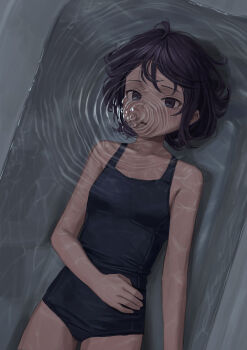 1girl absurdres air_bubble an_yb arm_on_own_stomach bare_arms bare_shoulders black_hair bubble grey_eyes highres in_bathtub one-piece_swimsuit original parted_lips school_swimsuit short_hair swimsuit underwater