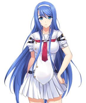 1girl blue_eyes blue_hair breasts choukou_(alicesoft) choukou_shinki_ixseal closed_mouth collarbone cowboy_shot ellis_xillia game_cg hair_between_eyes hairband hand_on_own_hip large_variant_set long_hair looking_at_viewer miniskirt neckerchief necktie non-web_source official_art onigirikun pleated_skirt red_necktie sailor_collar school_uniform short_sleeves skirt smile solo standing transparent_background variant_set very_long_hair white_hairband white_skirt