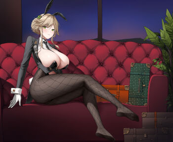 1girl :3 absurdres ade_(agent_bunny)_(nikke) ade_(nikke) animal_ear_hairband animal_ears between_breasts black_choker black_jacket black_leotard black_necktie black_pantyhose blonde_hair blush braid breasts bun_with_braided_base choker cleavage closed_mouth clothing_cutout clover_hair_ornament commentary couch detached_collar earpiece fake_animal_ears fake_tail fishnet_pantyhose fishnets four-leaf_clover_hair_ornament full_body gloves goddess_of_victory:_nikke green_eyes hair_between_eyes hair_ornament hairband highleg highleg_leotard highres indoors jacket large_breasts leotard long_sleeves looking_at_viewer navel navel_cutout necktie necktie_between_breasts night no_shoes official_alternate_costume on_couch pantyhose plant playboy_bunny potted_plant rabbit_ear_hairband rabbit_ears rabbit_tail shadow sidelocks sitting solo strapless strapless_leotard suitcase swept_bangs tail uncleray undersized_breast_cup white_gloves white_wrist_cuffs window wrist_cuffs