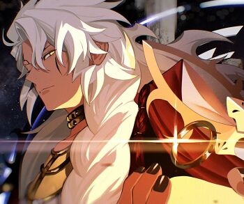 Rule 34 | 1boy, black nails, blurry, braid, closed mouth, commentary, dark-skinned male, dark skin, depth of field, facial mark, fate/grand order, fate (series), glint, gold ring, grand caster (fate), hair between eyes, jewelry, long hair, looking at viewer, male focus, nail polish, neck ring, ororooops, parted bangs, ring, single braid, solo, solomon (fate), upper body, white hair, yellow eyes