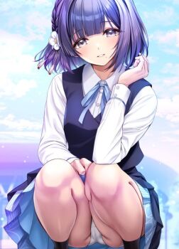 1girl black_socks blue_ribbon blue_skirt blue_sky blue_vest blurry blurry_background blush braid flower gakuen_idolmaster hair_flower hair_ornament hataya_misuzu hatsuboshi_gakuen_school_uniform idolmaster long_sleeves looking_at_viewer mole mole_under_mouth neck_ribbon nomura_teruya panties pantyshot parted_lips pleated_skirt purple_hair ribbon school_uniform shirt short_hair skirt sky smile socks solo squatting underwear vest white_flower white_panties white_shirt