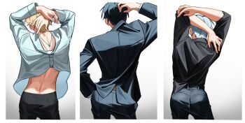 3boys alien_stage back black_hair black_jacket black_pants black_shirt blonde_hair commentary english_commentary grey_hair hand_on_own_head index_ring ivan_(alien_stage) jacket jewelry kuradrawings long_sleeves luka_(alien_stage) male_focus multiple_boys necklace pants ring shirt short_hair sleeves_rolled_up stretching suit_jacket till_(alien_stage) white_shirt