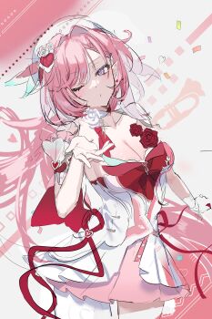 1girl absurdres beret blowing_kiss breasts cleavage commentary_request diamond-shaped_pupils diamond_(shape) dress earrings elf elysia_(hi_love_elf)_(honkai_impact) elysia_(honkai_impact) hat heart heart_earrings highres honkai_(series) honkai_impact_3rd instrument jewelry large_breasts looking_at_viewer multicolored_dress multicolored_hair one_eye_closed pink_dress pink_hair pointy_ears purple_eyes ramao24 red_dress solo symbol-shaped_pupils trumpet two-tone_background two-tone_hair white_dress white_hair