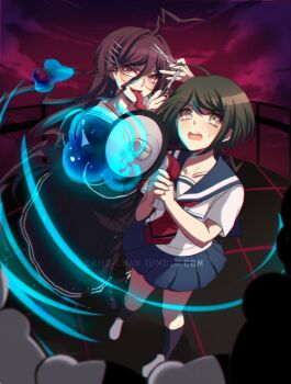 2girls ahoge black_shoes black_skirt black_socks blue_sailor_collar blue_skirt blush cloud collarbone collared_shirt criis-chan danganronpa_(series) danganronpa_another_episode:_ultra_despair_girls eyelashes fukawa_toko genocider_shou glasses green_eyes green_hair hair_between_eyes hair_ornament hairclip holding holding_scissors holding_weapon long_skirt long_tongue monokuma multiple_girls naegi_komaru necktie purple_eyes purple_hair red_necktie round_eyewear sailor_collar school_uniform scissors serafuku shirt shoes short_hair skirt sky socks standing sweatdrop tongue tongue_out tumblr_username watermark weapon web_address white_shirt white_shoes