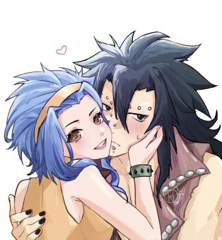 1boy 1girl 2qchinq black_hair blue_hair blush bracelet brown_eyes commentary fairy_tail gajeel_redfox hair_between_eyes hairband heart highres jewelry levy_mcgarden long_hair medium_hair simple_background smile spiked_bracelet spikes sweatdrop upper_body vest white_background