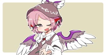 1girl ;d animal_ears bird_ears bird_girl bird_wings blush border bow bowtie brown_background brown_dress collared_shirt commentary dot_nose dress earrings fang fingernails green_nails grey_eyes hand_up ini_(inunabe00) jewelry long_fingernails long_sleeves looking_at_viewer mystia_lorelei nail_polish one_eye_closed open_mouth outline outside_border parted_bangs pink_hair shirt short_hair simple_background single_earring skin_fang sleeve_garter smile solo touhou upper_body white_border white_bow white_bowtie white_outline white_shirt wings