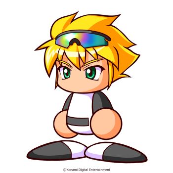 Rule 34 | 1boy, artist request, baseball uniform, black shirt, black shoes, blonde hair, copyright notice, eyewear on head, green eyes, highres, jikkyou powerful pro yakyuu, jikkyou powerful pro yakyuu (style), multicolored shirt, multicolored shoes, no mouth, official art, rayman limbs, shirt, shoes, solo, sportswear, sunglasses, tomozawa ryo, two-tone shirt, two-tone shoes, white shirt, white shoes
