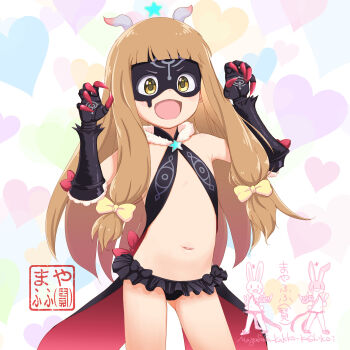 1girl :d black_mask bow brown_hair commentary_request cosplay eye_mask flat_chest gauntlets hair_bow halloween highres ichihara_nina idolmaster idolmaster_cinderella_girls kuno_misaki loli long_hair looking_at_viewer mask mayafufu miniskirt navel open_mouth sekai_seifuku:_bouryaku_no_zvezda skirt smile solo standing thighs venera-sama venera-sama_(cosplay) voice_actor_connection yellow_bow yellow_eyes