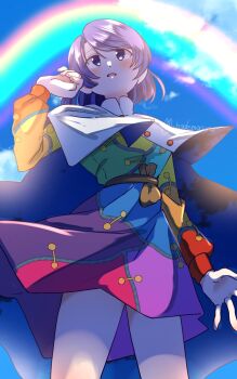 1girl ahodemoaru belt blush breasts brown_belt cape cloak cloud_print commentary_request cowboy_shot dress from_below hairband highres long_sleeves medium_hair multicolored_dress multicolored_hairband one-hour_drawing_challenge outdoors parted_lips patchwork_clothes pout puffy_sleeves purple_eyes purple_hair rainbow rainbow_gradient rainbow_hairband sky_print small_breasts tenkyuu_chimata touhou two-sided_cape two-sided_fabric white_cape white_cloak zipper