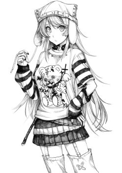 Rule 34 | 1girl, absurdres, alternate costume, detached sleeves, garter straps, greyscale, hand on own hip, hat, highres, kantai collection, long hair, mob cap, monochrome, pleated skirt, shirt, skirt, solo, striped clothes, striped shirt, stuffed animal, stuffed toy, teddy bear, thighhighs, tsuji kazuho, washington (kancolle)
