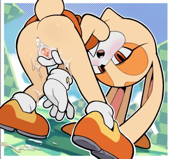 1girl absurdres animal_ears anus ass blush boots brown_fur cream_the_rabbit cum cum_in_ass cumdrip dress furry furry_female gato_del_futuro gloves highres leaning_forward loli no_panties open_mouth orange_boots orange_dress outline pussy rabbit_ears rabbit_girl rabbit_tail red_eyes solo sonic_(series) spread_pussy spreading_own_pussy standing tail uncensored white_gloves white_outline