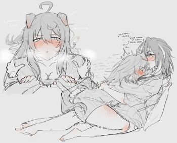 ahoge alternate_costume animal_ears blush breasts cleavage droopy_ears fakukore female_trainer_(umamusume) flustered hands_on_another's_shoulders head_on_chest highres horse_ears horse_girl horse_tail hug kneeing long_hair messy_hair monochrome multicolored_hair nakayama_festa_(umamusume) oc_x_canon shorts speech_bubble steam sweat sweatdrop tail thought_bubble trainer_(umamusume) two-tone_hair umamusume