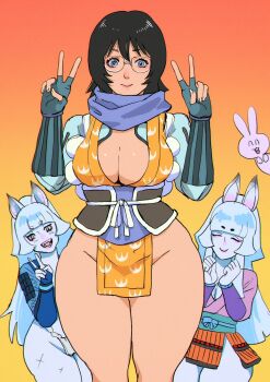 Rule 34 | 3girls, furry female, black hair, blue eyes, breasts, cleavage, corset, eyebrows hidden by hair, eyebrows visible through, fangs, fingerless gloves, fundoshi, glasses, gloves, highres, japanese clothes, kimono, loincloth, long hair, multiple girls, nucca dzuke, rabbit, rabbit ears, scar, scarf, smile, thick thighs, thighs, white hair, wide hips