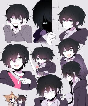 2boys animal_ears black_hair blush closed_eyes closed_mouth degrees_of_lewdity green_eyes grey_background hair_between_eyes heart heart-shaped_pupils holding holding_knife hood hood_down hooded_jacket jacket knife kylar_(degrees_of_lewdity) kylar_(male)_(degrees_of_lewdity) long_sleeves male_focus mixed-language_commentary multiple_boys multiple_views open_clothes open_jacket open_mouth peeking_out player_character_(degrees_of_lewdity) shaded_face shirt simple_background smile symbol-shaped_pupils tibbar upper_body yandere