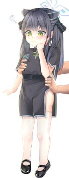 1girl ? absurdres animal_ears black_dress black_hair black_shoes blue_archive blush dress flower_halo green_eyes halo highres long_hair meemz_a shoes shun_(blue_archive) shun_(small)_(blue_archive) thighhighs white_thighhighs