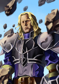 1boy absurdres armor blonde_hair breastplate brown_eyes closed_mouth commentary_request fire_emblem fire_emblem:_path_of_radiance gromell highres lips long_hair looking_at_viewer male_focus nintendo shoko_(pixiv_74769700) solo