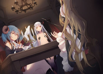 3girls ascot bare_shoulders black_gloves black_wings blonde_hair blue_hair blunt_bangs boots breasts brown_eyes candle candlestand chair chandelier character_request closed_mouth crossed_legs cup demon_horns demon_wings dutch_angle expressionless feathered_wings feet_out_of_frame flat_chest frilled_sleeves frills gloves gradient_hair hair_between_eyes heterochromia holding holding_cup horns indoors jewelry lapis_(sennen_sensou_aigis) large_breasts lily_(sennen_sensou_aigis) long_hair looking_at_another multicolored_hair multiple_girls nanahara_fuyuki novel_illustration official_art on_chair orange_hair red_eyes ring sennen_sensou_aigis sitting standing table teacup twintails two-tone_hair very_long_hair wavy_hair white_hair white_wings wide_sleeves wings yellow_eyes