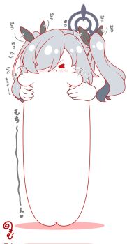 &gt;_&lt; :t afterimage black_ribbon blue_archive blush chibi closed_eyes closed_mouth colored_shadow commentary_request corrupted_twitter_file disembodied_hand flying_sweatdrops grey_hair hair_over_one_eye hair_ribbon halo highres iori_(blue_archive) kurukurumagical long_hair longcat_(meme) meme ribbon shadow solo_focus translation_request twintails white_background