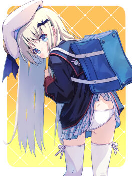 1girl akayama_yukihe ass backpack bag bat_hair_ornament beret black_jacket blue_eyes blush border clothes_lift commentary eyes_visible_through_hair feet_out_of_frame from_behind grey_skirt hair_between_eyes hair_ornament hand_up hat highres jacket kneepits leaning_to_the_side little_busters! little_busters!_school_uniform long_hair long_sleeves looking_at_viewer looking_back miniskirt noumi_kudryavka outside_border panties pantyshot plaid_clothes plaid_skirt pleated_skirt school_uniform sidelocks simple_background skirt skirt_lift solo standing thighhighs underwear very_long_hair white_border white_hair white_hat white_panties white_thighhighs yellow_background