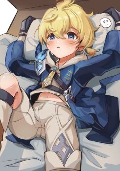 arms_up blonde_hair blue_eyes bulge embarrassed genshin_impact highres image_sample knee_up looking_ahead lying male_focus mika_(genshin_impact) navel on_back on_bed open_mouth pillow pillow_grab ? shorts shota sweat sweatdrop twitter_sample znnnnzuuntsts