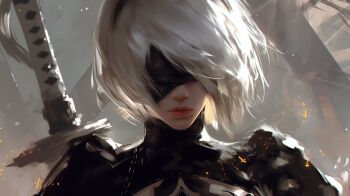 2b_(nier:automata) 3d aika_arts black_dress close-up dress head_out_of_frame highres lips mole nier:automata nier_(series) out_of_frame pink_lips sword tagme weapon white_hair