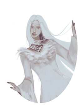 Rule 34 | 1girl, cowboy shot, dark, dark souls (series), dark souls i, dragon girl, dress, fangs, highres, long hair, long sleeves, open mouth, poopfart3939, priscilla the crossbreed, solo, white dress, white hair, yellow eyes