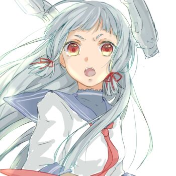Rule 34 | >:o, 10s, 1girl, :o, bad id, bad pixiv id, female focus, hair ribbon, hiki-wota, kantai collection, long hair, murakumo (kancolle), open mouth, personification, red eyes, ribbon, school uniform, serafuku, silver hair, sketch, solo, v-shaped eyebrows