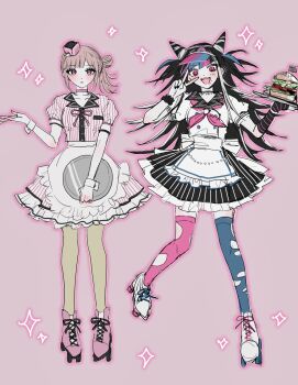 Rule 34 | 2girls, :o, alternate costume, apron, black hair, black nails, blush, bo kin 3, brown hair, burger, commentary request, danganronpa (series), danganronpa 2: goodbye despair, dress, ear piercing, face piercing, food, green thighhighs, hair bun, hair horns, highres, holding, holding tray, inline skates, long hair, mioda ibuki, multicolored hair, multiple girls, nail polish, nanami chiaki, neck ribbon, open mouth, piercing, pink background, pink eyes, pink hair, pink ribbon, pink streaks, pink thighhighs, puffy short sleeves, puffy sleeves, ribbon, roller skates, sailor collar, school uniform, short sleeves, simple background, skates, smile, standing, standing on one leg, streaked hair, striped clothes, striped dress, thighhighs, torn clothes, torn thighhighs, tray, v, waist apron, white hair